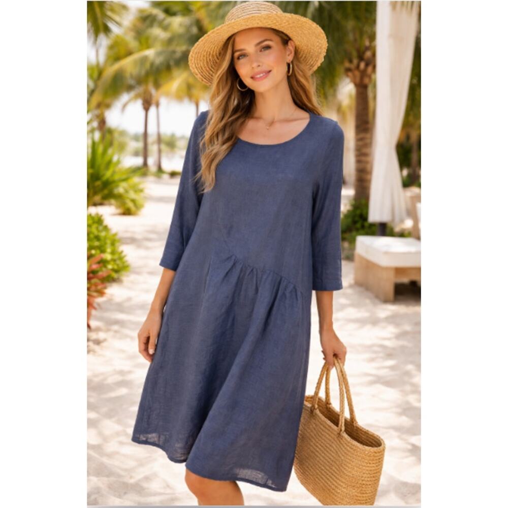 Whyci Milano Women Lagenlook Black Linen Cocoon Style Dress Sz 42 IT/6 US Chic